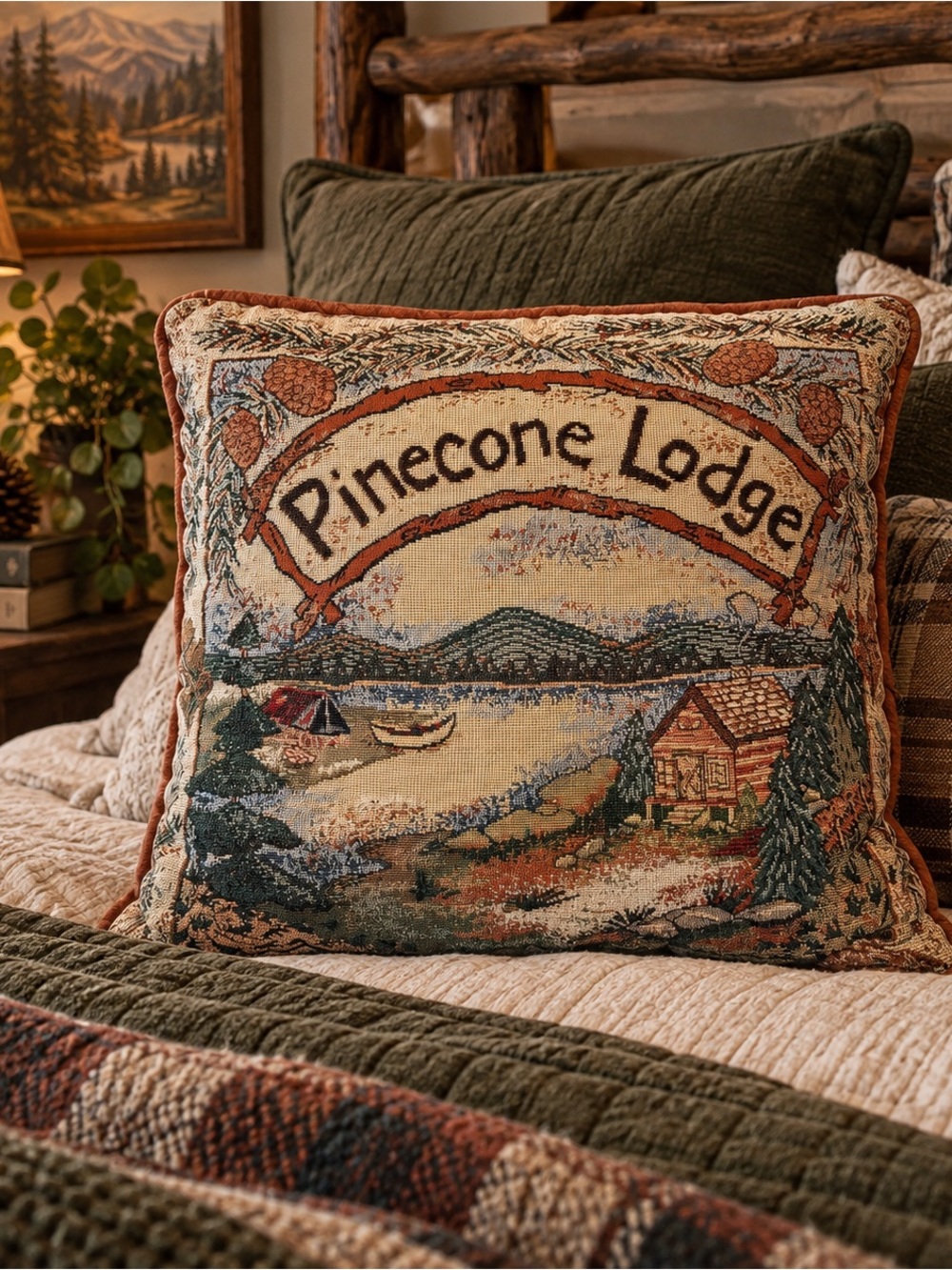 Vintage Pinecone Lodge Tapestry Throw Pillow